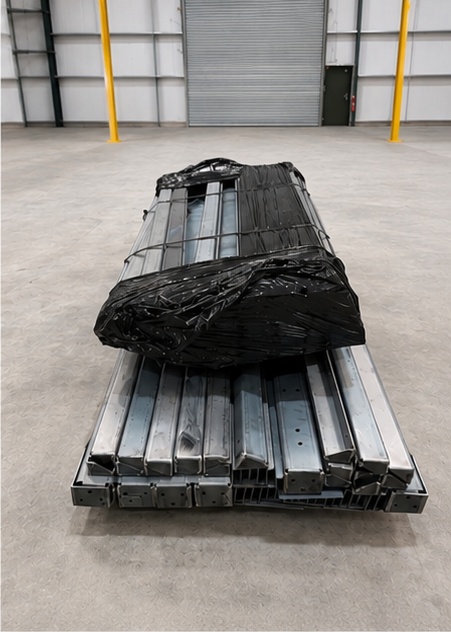 Fabricated steel sections wrapped and palletised, ready for delivery
