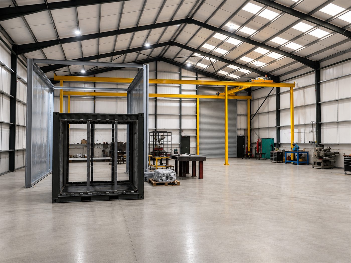 Wide view of the Fabrico steel fabrication workshop in Swadlincote, with overhead gantry crane and a welded container frame